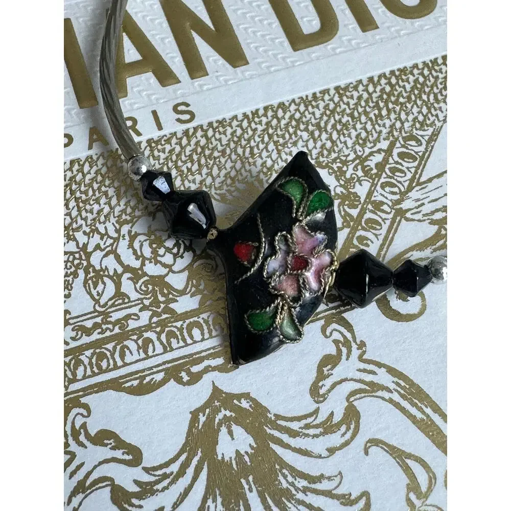 BOGO FREE VTG cloisonné BLACK FAN ADJUSTABLE BRACELET